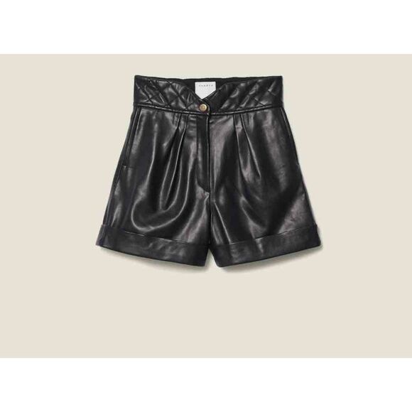 Sandro Black Leather Quilted Waist Cuffed Hem Shorts Size 38 - Picture 2 of 7